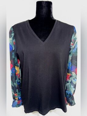 Chico's Sz 2 Black V Neck Floral Sheer Long Sleeve Blouse L